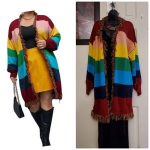 NWOT Eyecatching Colorblock Tassel Fringed Open Front Cardigan Sweater